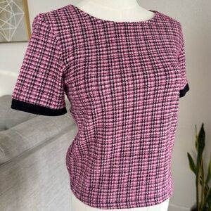 Zara Women’s Small Pink Black Tweed Short Sleeve Top S Preppy Academia Coquette
